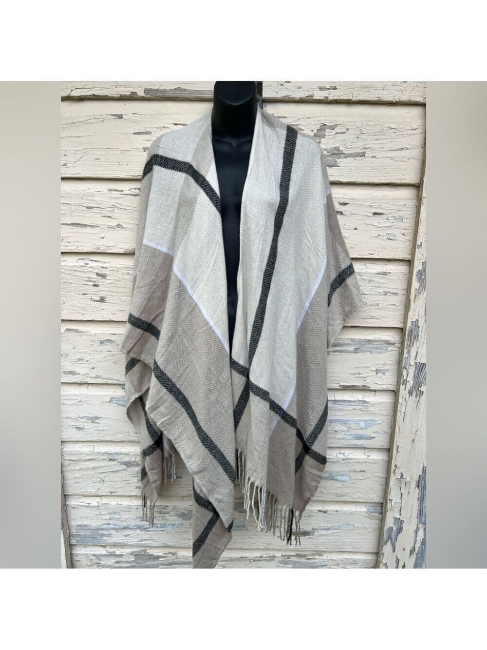 Three Dots Cashmere Blend Window Pane Plaid Fringe Poncho Sweater Kimono One Siz
